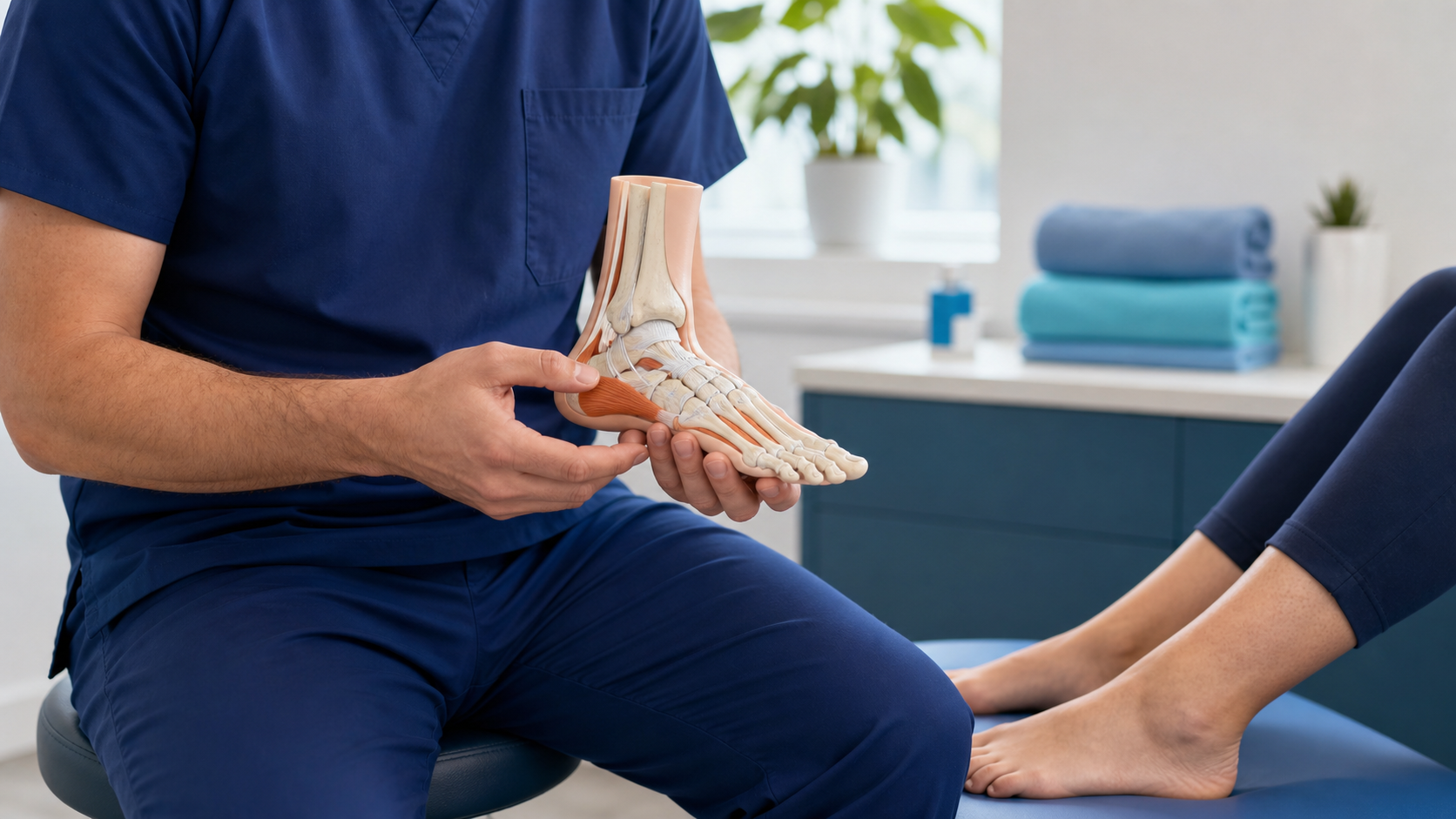 Podiatrist holding a foot anatomy model during a face-free clinic consultation