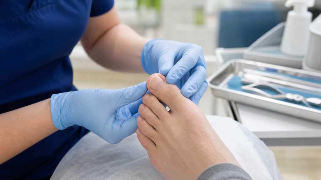 Podiatrist gently assessing a patient big toenail