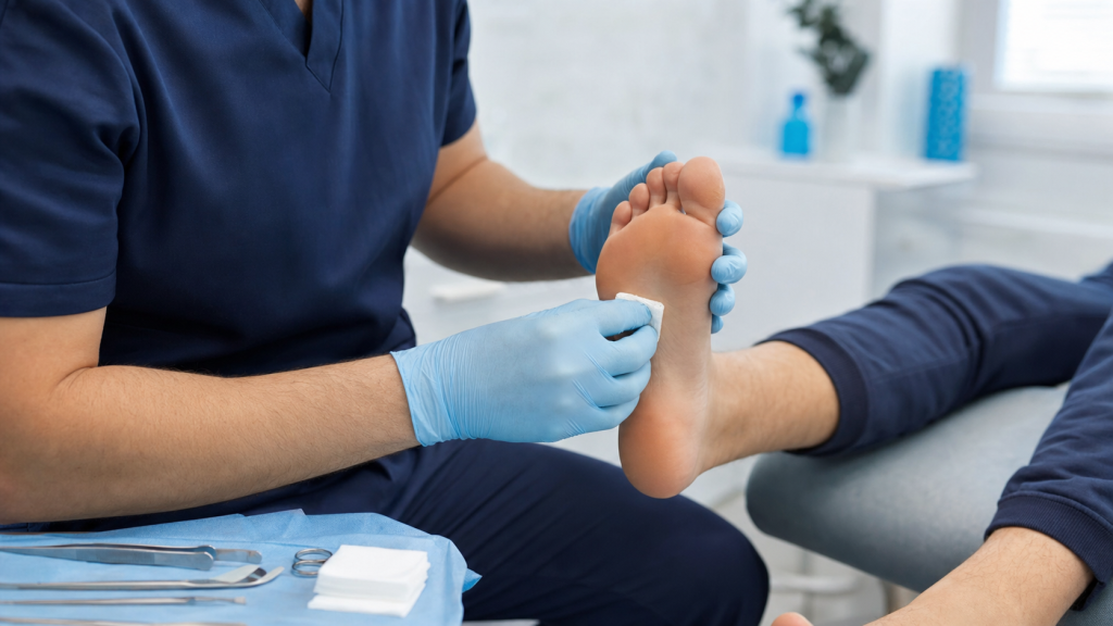 Podiatrist carefully assessing the sole of a patient foot