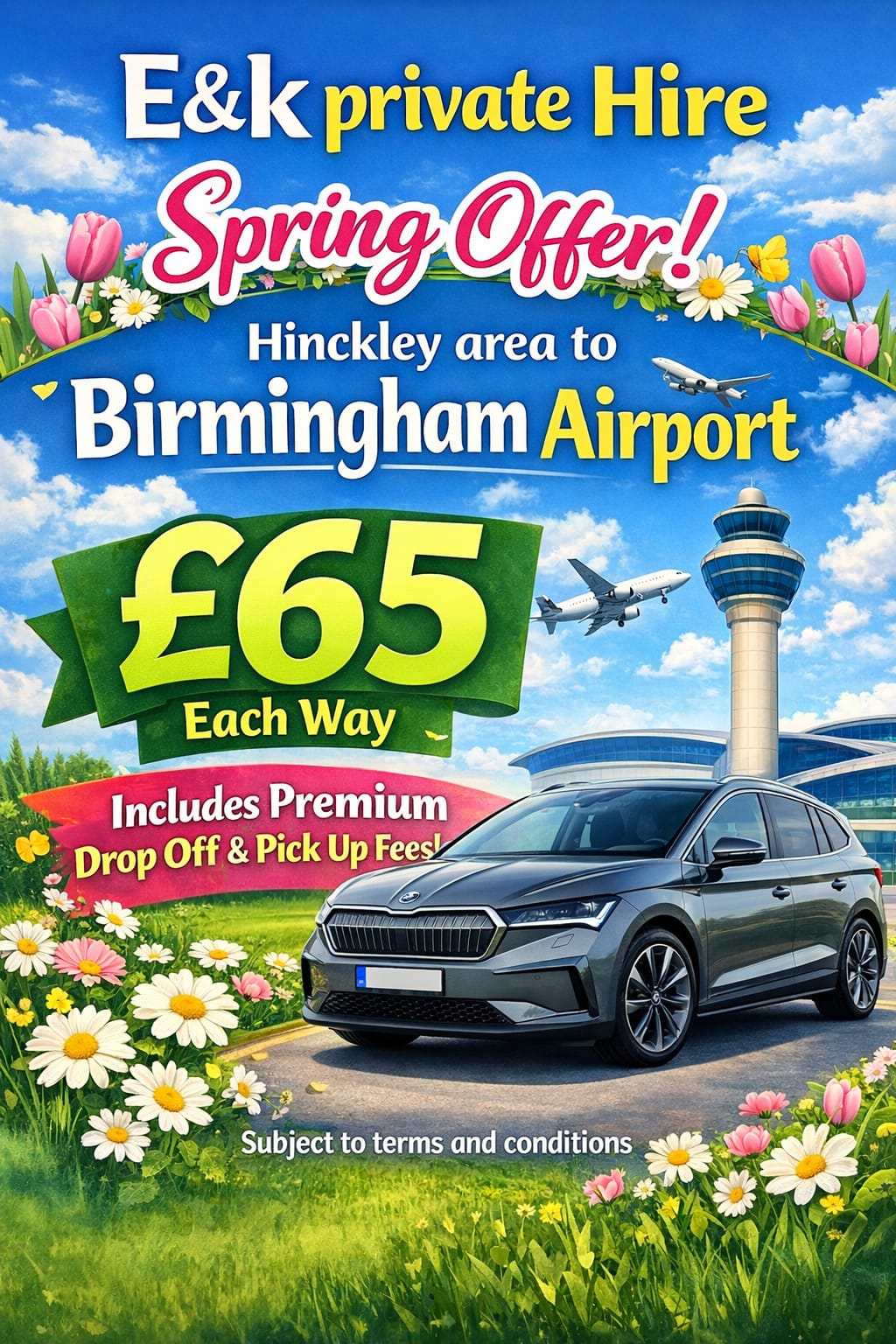 Spring Airport Transfer Offer – Hinckley to Birmingham Airport £65 Each Way Planning a spring getaway or early summer holiday? Travel to Birmingham Airport in comfort and style with our special seasonal rate from the Hinckley area.