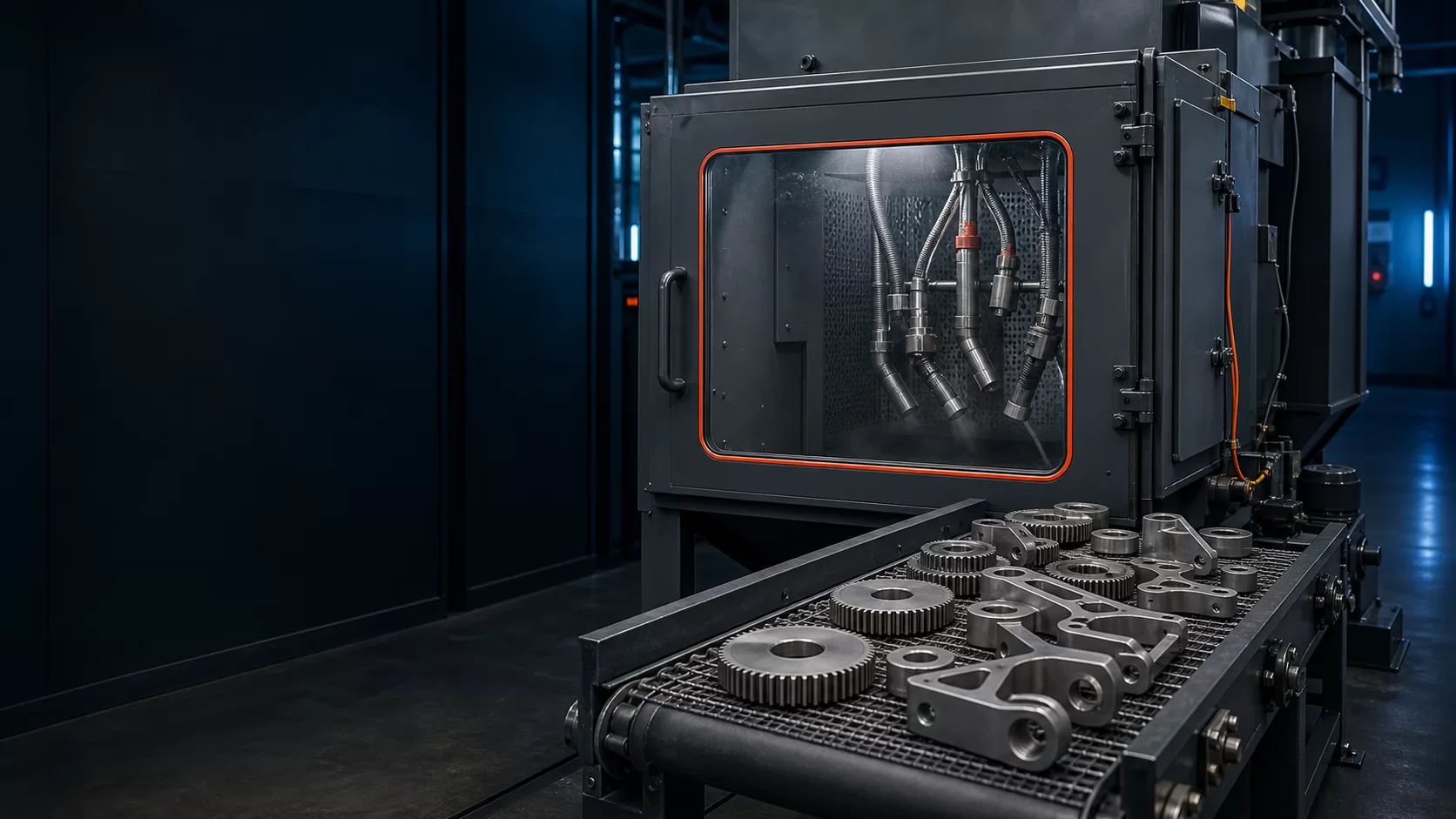 Enclosed industrial shot-blasting cell with steel components