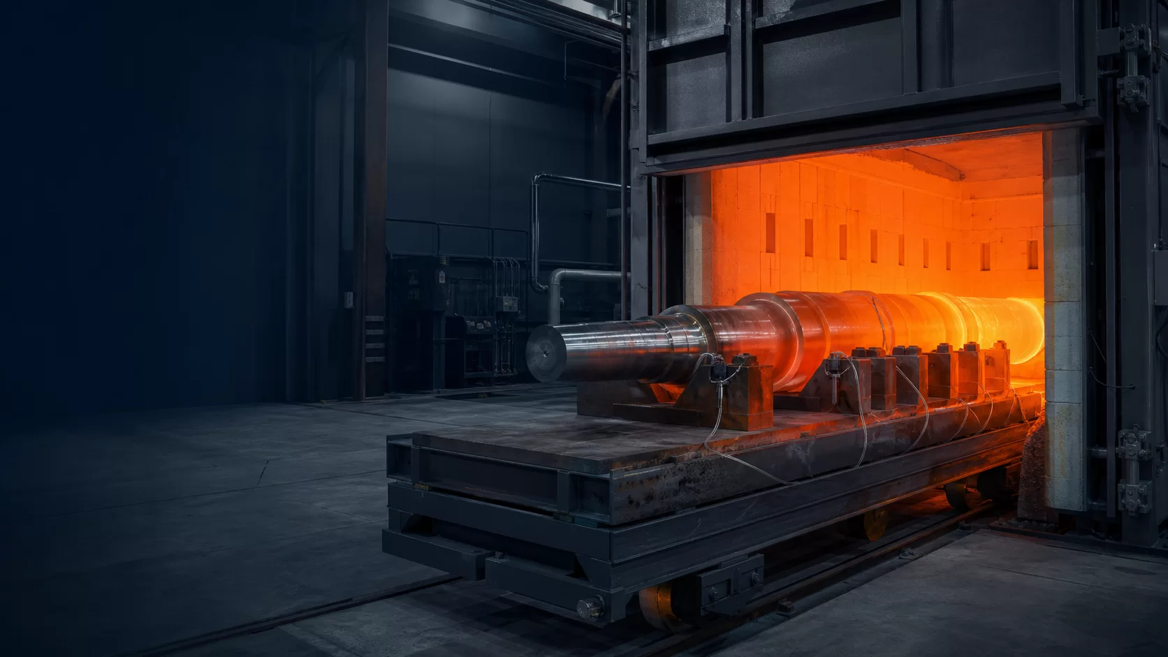 Large steel shaft undergoing controlled furnace treatment