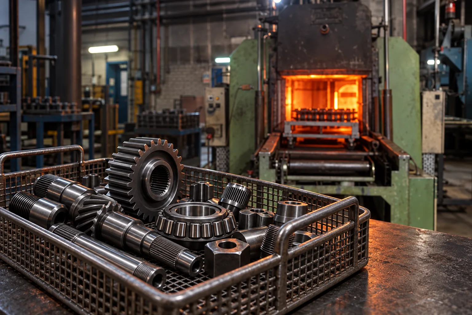 Heat-treated gears and shafts in a basket beside the HTC Ipsen furnace