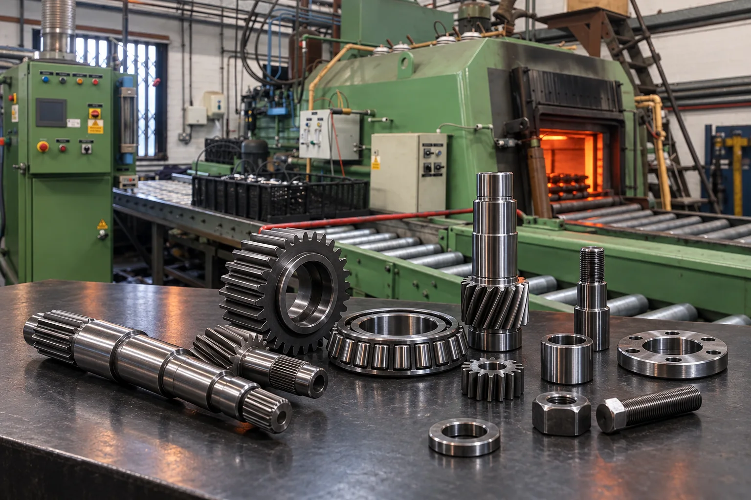 Heat-treated gears, shafts and fasteners beside the HTC furnace line