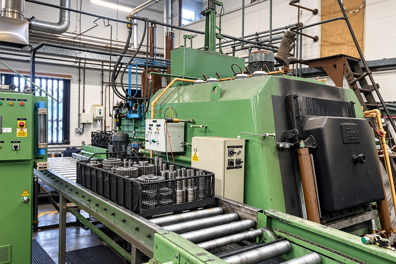 Heat treatment furnace line and component baskets at Heat Treatment Coventry