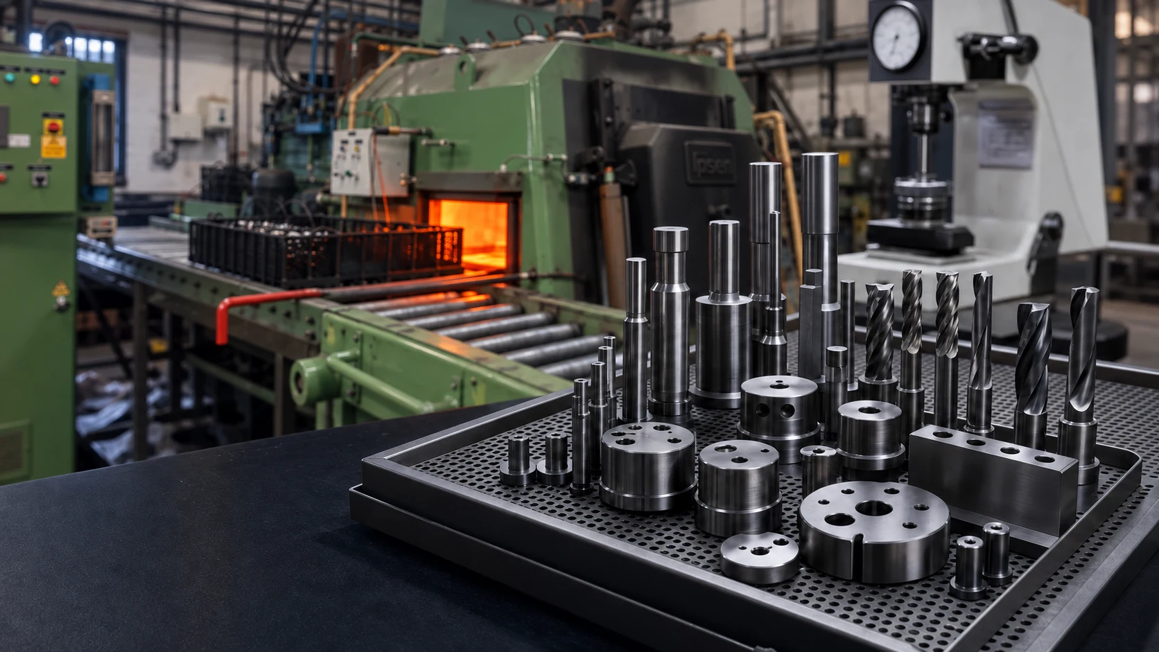 Tool-steel components and hardness testing beside the real HTC Ipsen furnace